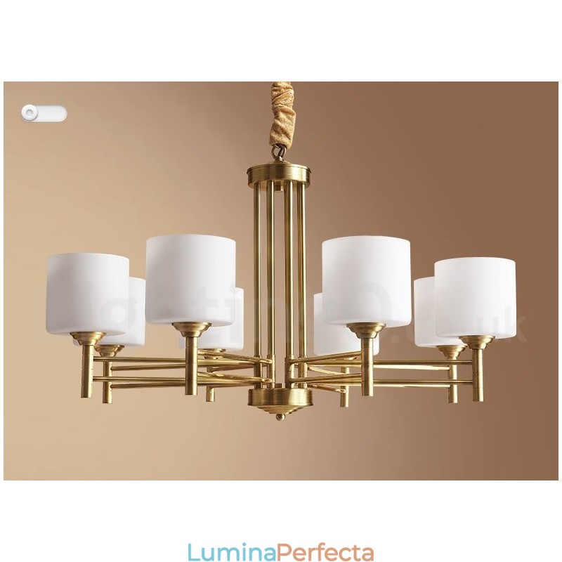 Candelabru cu pandantiv din alamă, mare, luxos, rustic, retro, vintage, din alamă pură, cu abajururi de sticlă