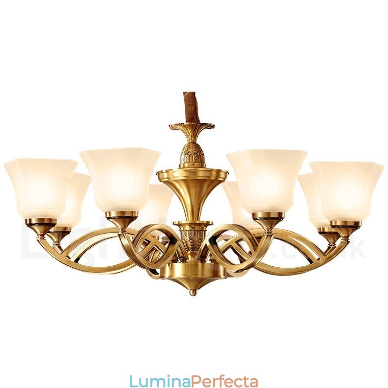 Candelabru cu pandantiv din alamă, mare, luxos, rustic, retro, vintage, din alamă pură, cu abajururi de sticlă