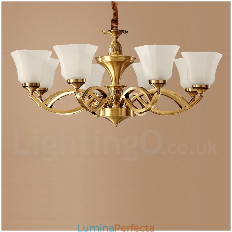 Candelabru cu pandantiv din alamă, mare, luxos, rustic, retro, vintage, din alamă pură, cu abajururi de sticlă