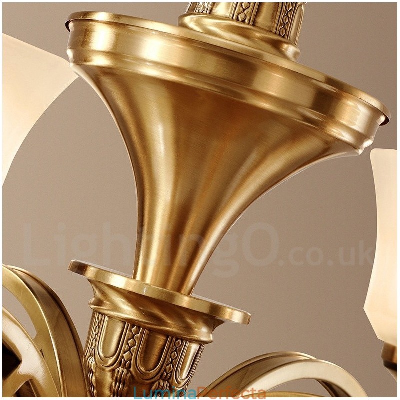 Candelabru cu pandantiv din alamă, mare, luxos, rustic, retro, vintage, din alamă pură, cu abajururi de sticlă