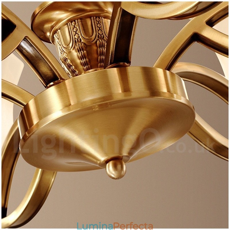 Candelabru cu pandantiv din alamă, mare, luxos, rustic, retro, vintage, din alamă pură, cu abajururi de sticlă