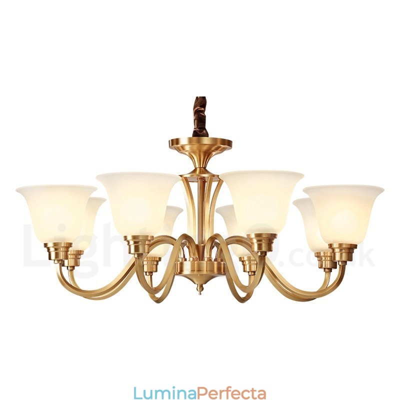 Candelabru cu pandantiv din alamă solidă, mare, luxos, rustic, retro, vintage, din alamă pură, cu abajururi de sticlă