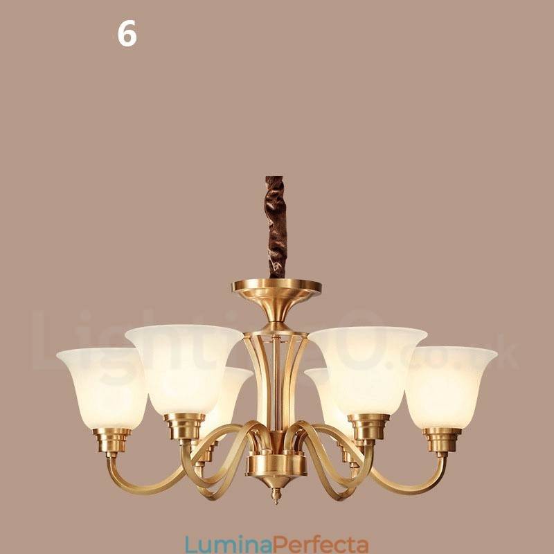 Candelabru cu pandantiv din alamă solidă, mare, luxos, rustic, retro, vintage, din alamă pură, cu abajururi de sticlă