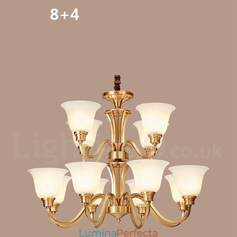 Candelabru cu pandantiv din alamă solidă, mare, luxos, rustic, retro, vintage, din alamă pură, cu abajururi de sticlă