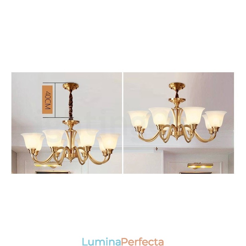 Candelabru cu pandantiv din alamă solidă, mare, luxos, rustic, retro, vintage, din alamă pură, cu abajururi de sticlă