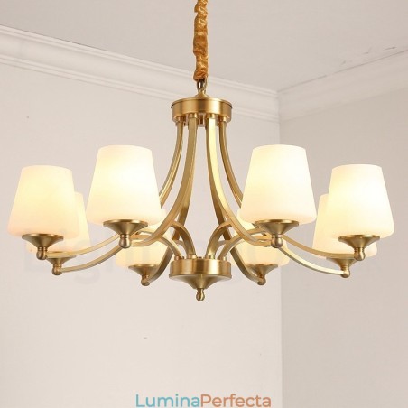 Candelabru cu pandantiv din alamă, mare, luxos, rustic, retro, vintage, din alamă pură, cu abajururi de sticlă