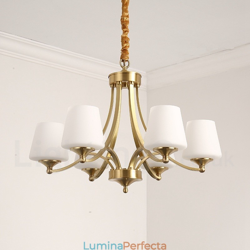 Candelabru cu pandantiv din alamă, mare, luxos, rustic, retro, vintage, din alamă pură, cu abajururi de sticlă