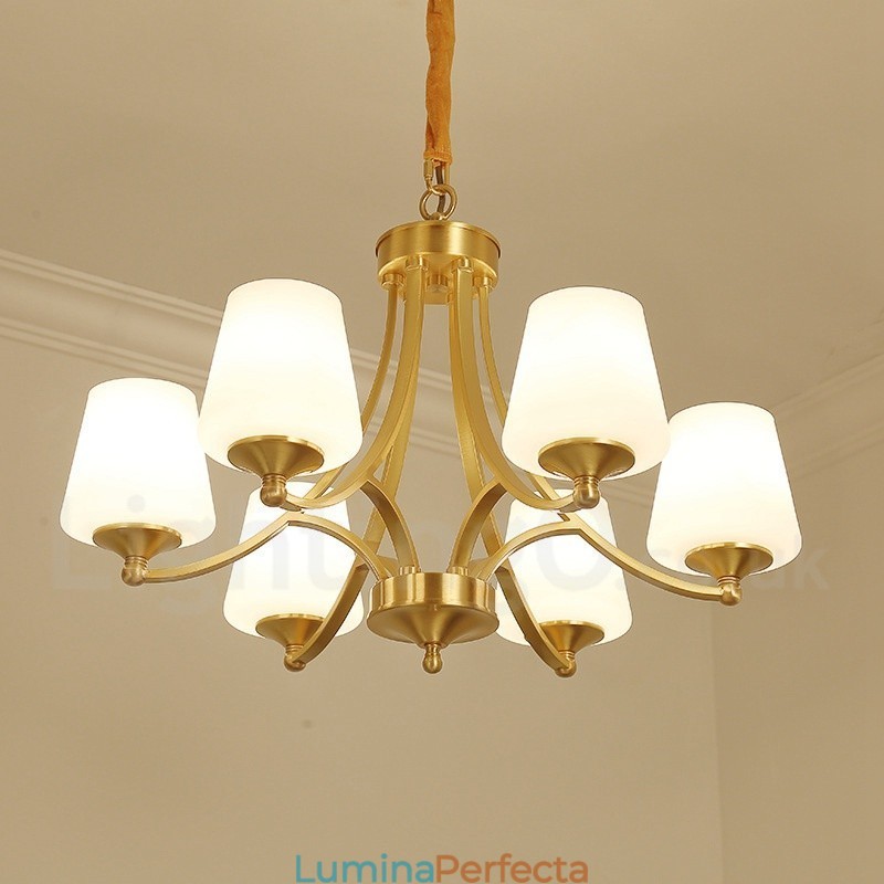 Candelabru cu pandantiv din alamă, mare, luxos, rustic, retro, vintage, din alamă pură, cu abajururi de sticlă