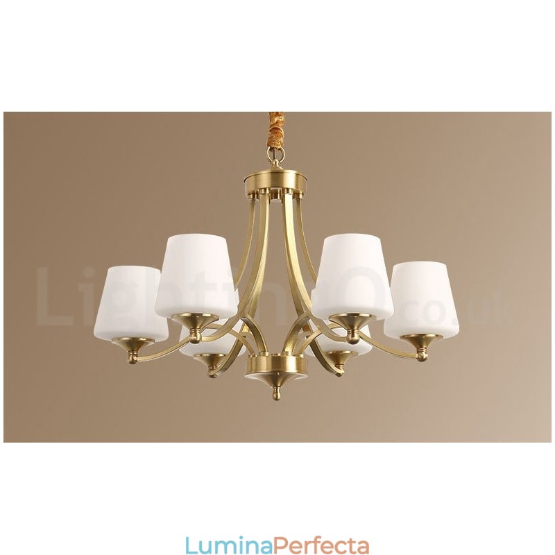 Candelabru cu pandantiv din alamă, mare, luxos, rustic, retro, vintage, din alamă pură, cu abajururi de sticlă