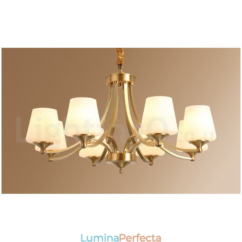 Candelabru cu pandantiv din alamă, mare, luxos, rustic, retro, vintage, din alamă pură, cu abajururi de sticlă