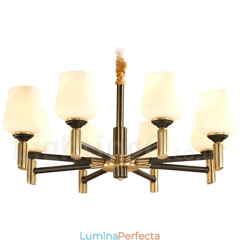 Candelabru cu pandantiv din alamă, mare, luxos, rustic, retro, vintage, din alamă pură, cu abajururi de sticlă