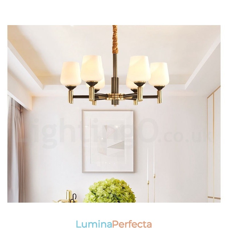 Candelabru cu pandantiv din alamă, mare, luxos, rustic, retro, vintage, din alamă pură, cu abajururi de sticlă