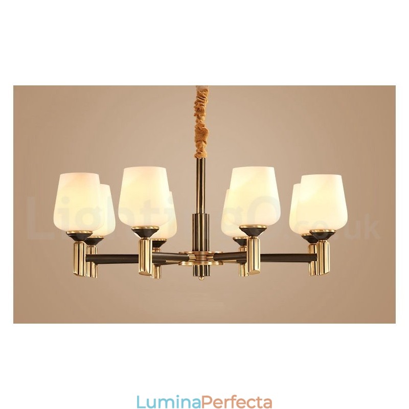 Candelabru cu pandantiv din alamă, mare, luxos, rustic, retro, vintage, din alamă pură, cu abajururi de sticlă