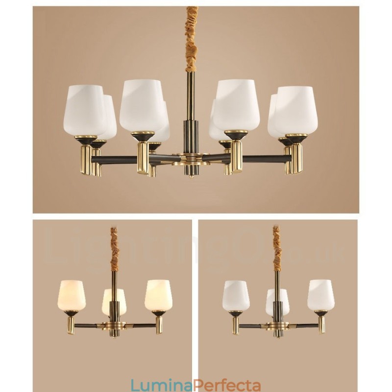 Candelabru cu pandantiv din alamă, mare, luxos, rustic, retro, vintage, din alamă pură, cu abajururi de sticlă