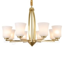 Candelabru cu pandantiv din alamă pură, mare, luxos, retro, vintage, din alamă, cu 8 lumini, cu abajururi de sticlă