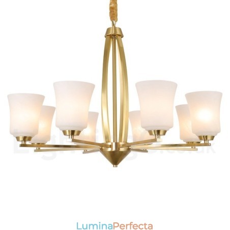 Candelabru cu pandantiv din alamă pură, mare, luxos, retro, vintage, din alamă, cu 8 lumini, cu abajururi de sticlă