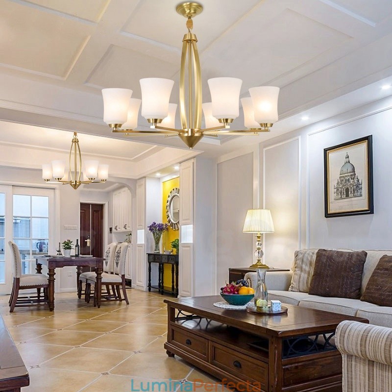 Candelabru cu pandantiv din alamă pură, mare, luxos, retro, vintage, din alamă, cu 8 lumini, cu abajururi de sticlă