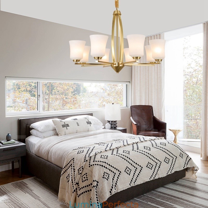 Candelabru cu pandantiv din alamă pură, mare, luxos, retro, vintage, din alamă, cu 8 lumini, cu abajururi de sticlă