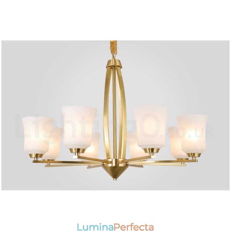Candelabru cu pandantiv din alamă pură, mare, luxos, retro, vintage, din alamă, cu 8 lumini, cu abajururi de sticlă