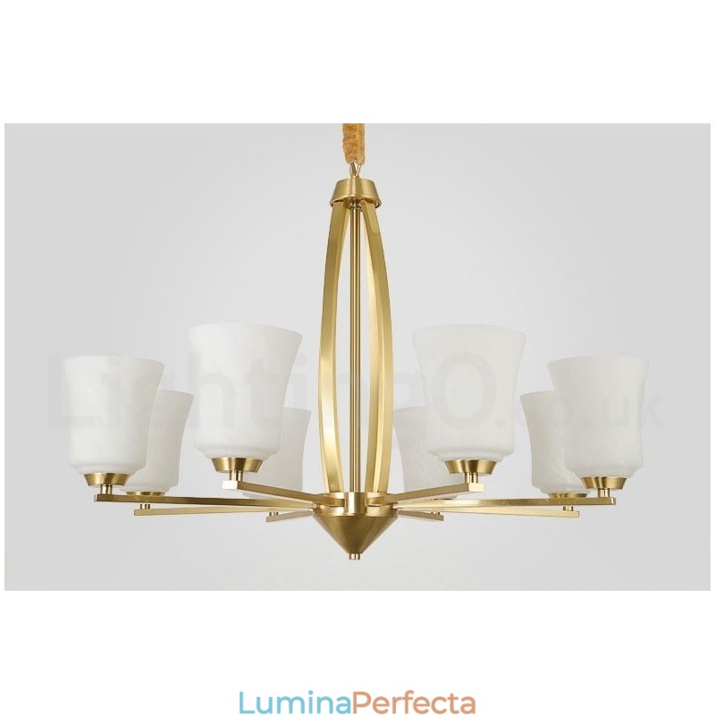 Candelabru cu pandantiv din alamă pură, mare, luxos, retro, vintage, din alamă, cu 8 lumini, cu abajururi de sticlă