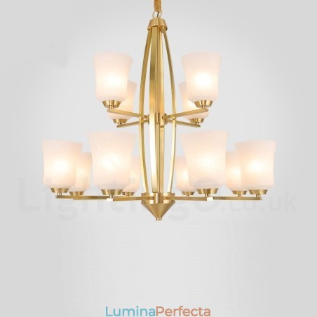 Candelabru cu pandantiv din alamă pură, mare, luxos, rustic, retro, vintage, cu 12 lumini, cu abajururi de sticlă