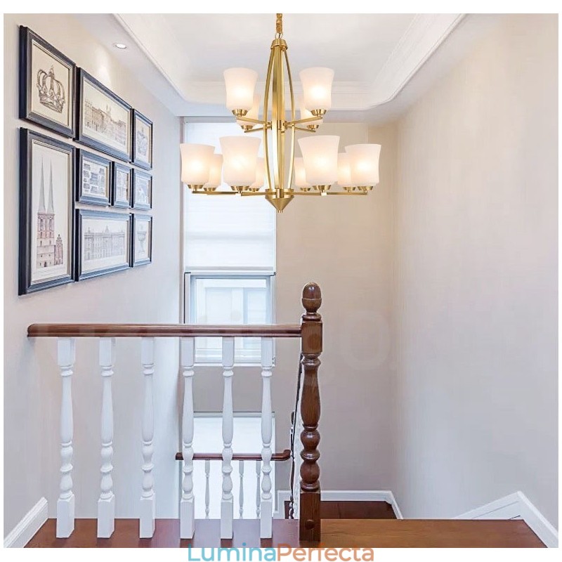 Candelabru cu pandantiv din alamă pură, mare, luxos, rustic, retro, vintage, cu 12 lumini, cu abajururi de sticlă