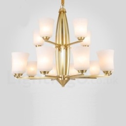 Candelabru cu pandantiv din alamă pură, mare, luxos, rustic, retro, vintage, cu 15 lumini, cu abajururi de sticlă