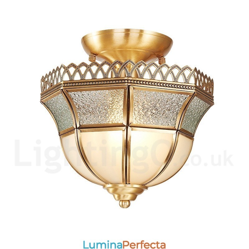 Plafoniera din alamă pură Rustic Lodge în stil nordic cu abajur de sticlă