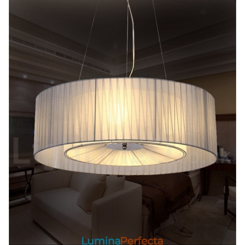 Lampă modernă pandantiv Drum cu 4 lumini cu abajur din material textil