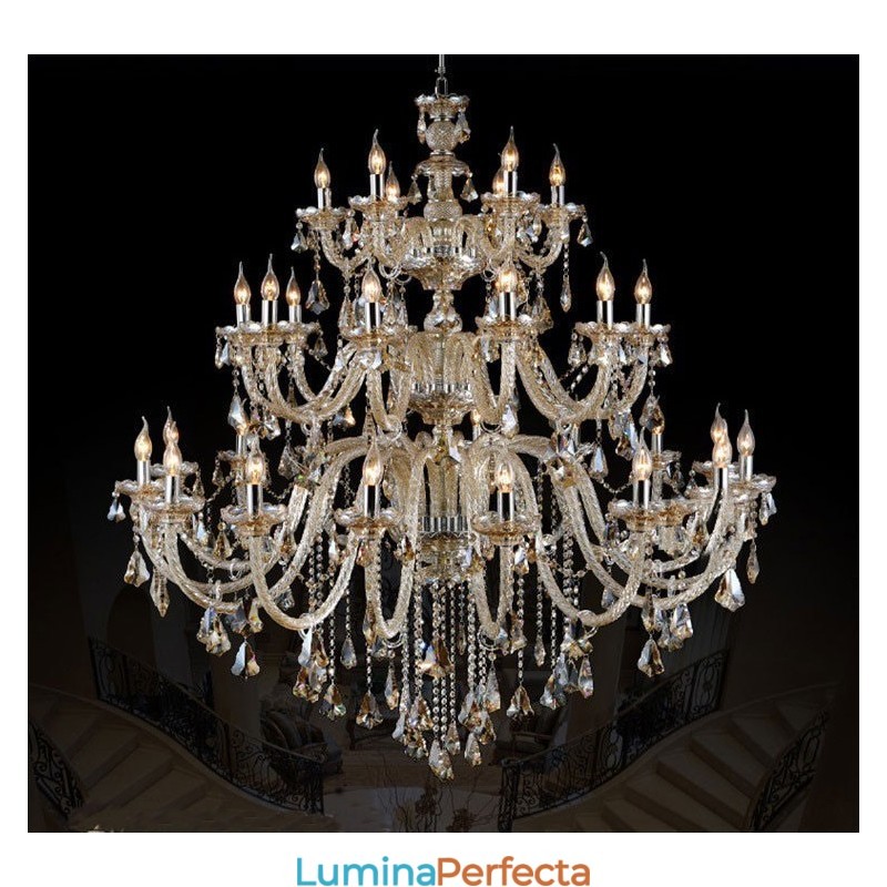 Candelabru de lux, foarte mare, retro, culoare cognac, 3 niveluri, cristal K9