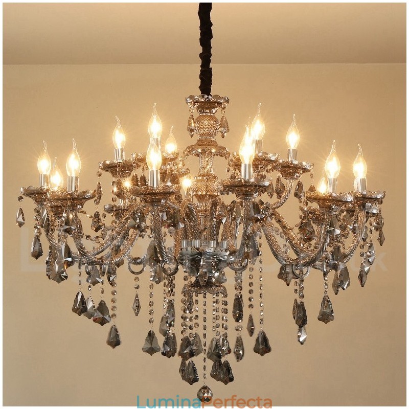 Candelabru mare cu 18 lumini de culoare gri retro K9 cu lumânare de cristal