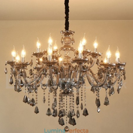 Candelabru mare cu 18 lumini de culoare gri retro K9 cu lumânare de cristal Candelabru mare cu 18 lumini de culoare gri retro K9 cu lumânare de cristal