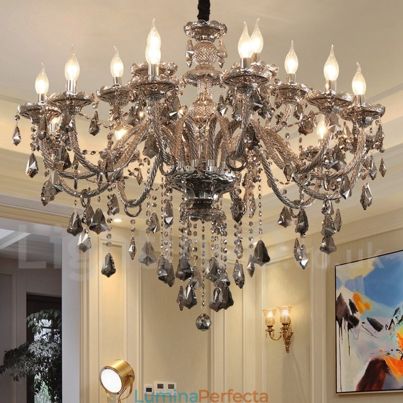 Candelabru mare cu 18 lumini de culoare gri retro K9 cu lumânare de cristal