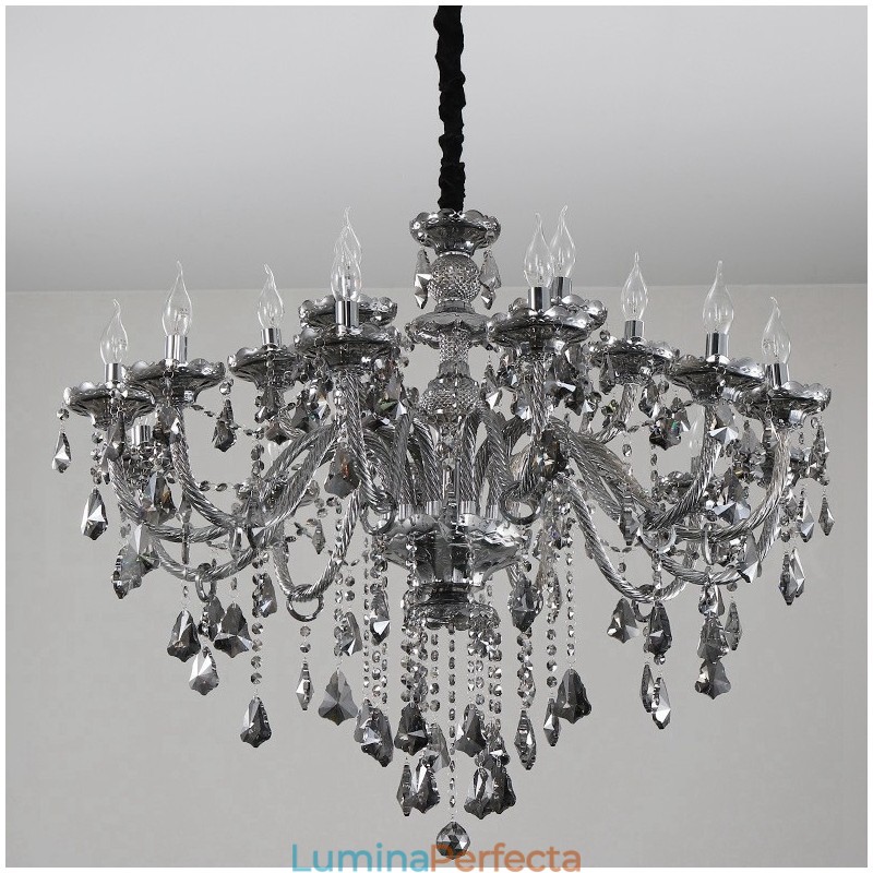 Candelabru mare cu 18 lumini de culoare gri retro K9 cu lumânare de cristal