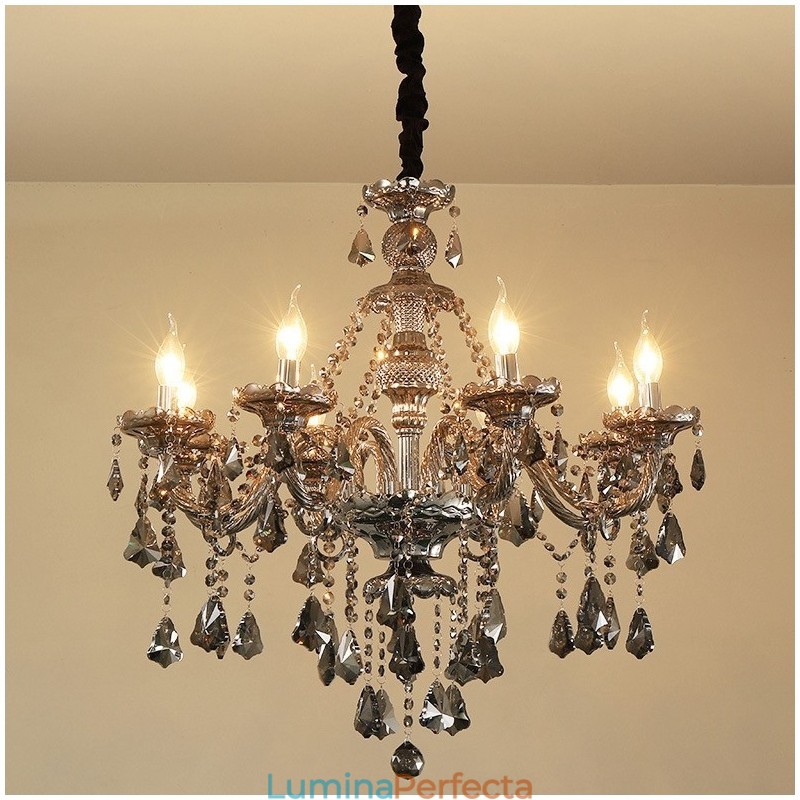 Candelabru cu lumânare din cristal K9 de culoare gri retro cu 8 lumini