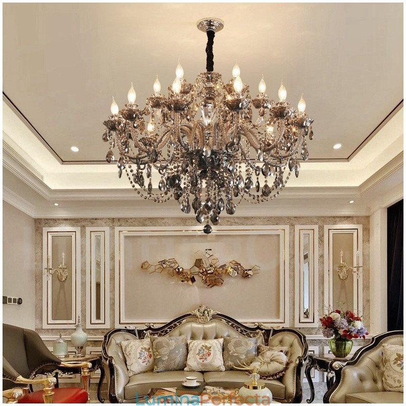 Candelabru mare cu 18 lumini de culoare gri retro K9 cu lumânare de cristal