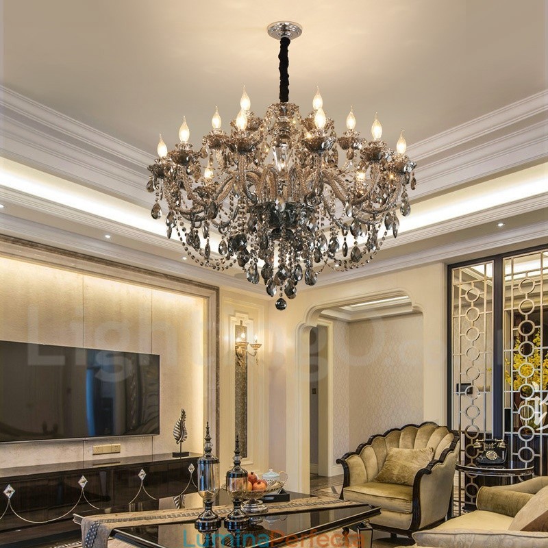 Candelabru mare cu 18 lumini de culoare gri retro K9 cu lumânare de cristal