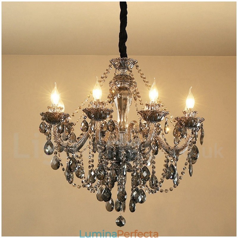 Candelabru mare cu 8 lumini de culoare gri retro K9 cu lumânare de cristal