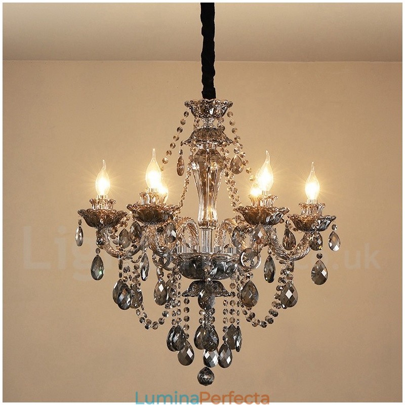 Candelabru mare cu 6 lumini de culoare retro gri K9 cu lumânare de cristal