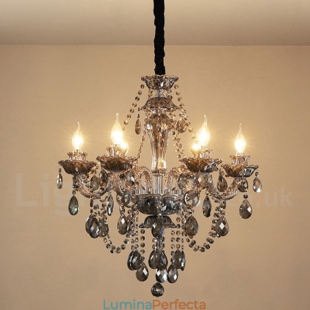 Candelabru mare cu 6 lumini de culoare retro gri K9 cu lumânare de cristal Candelabru mare cu 6 lumini de culoare retro gri K9 cu lumânare de cristal