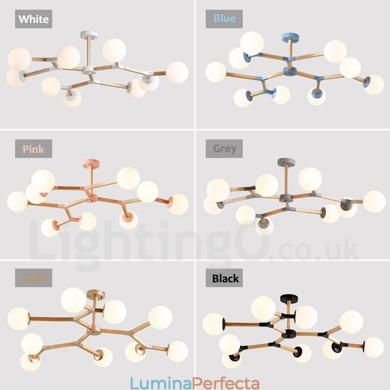 Candelabru molecular din lemn nordic modern de fasole magică cu abajururi din sticlă