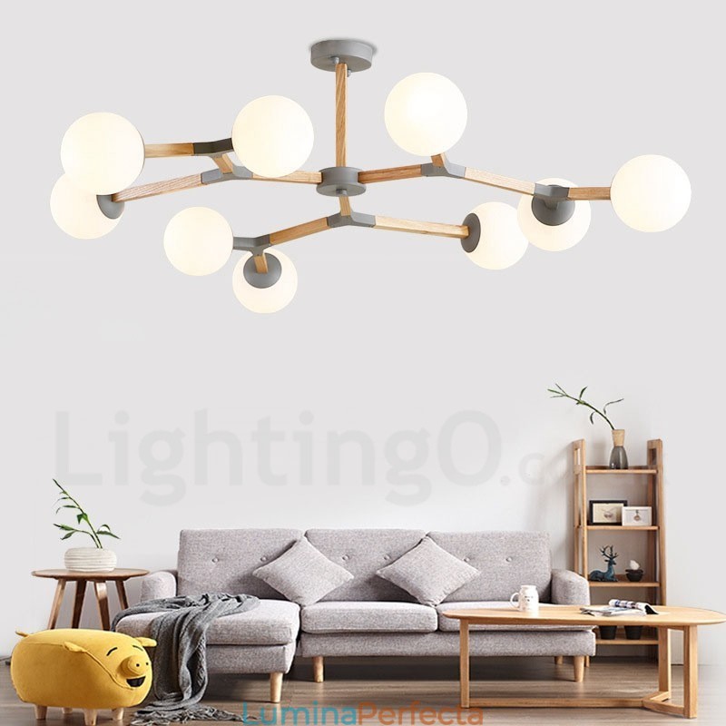 Candelabru molecular din lemn nordic modern de fasole magică cu abajururi din sticlă