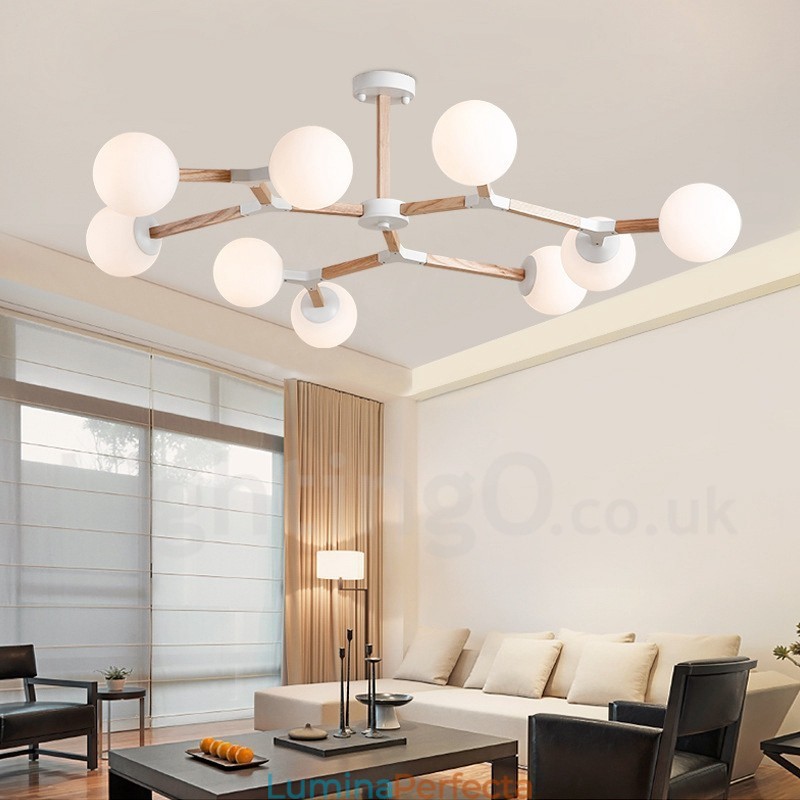 Candelabru molecular din lemn nordic modern de fasole magică cu abajururi din sticlă