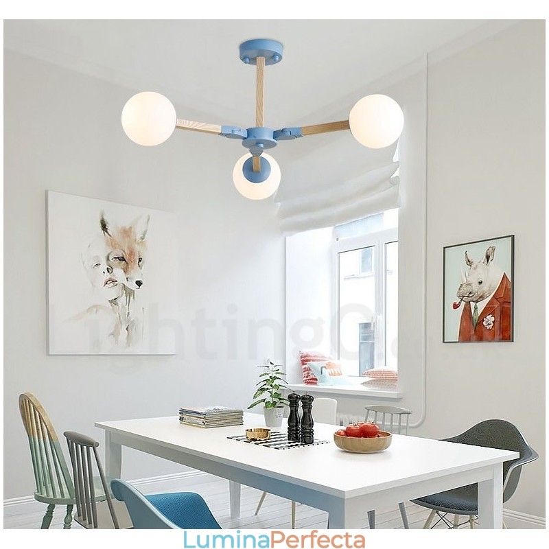 Candelabru molecular din lemn nordic modern de fasole magică cu abajururi din sticlă