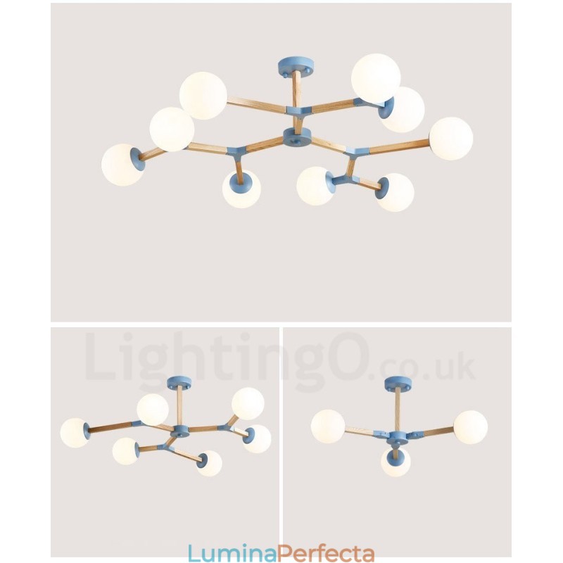 Candelabru molecular din lemn nordic modern de fasole magică cu abajururi din sticlă