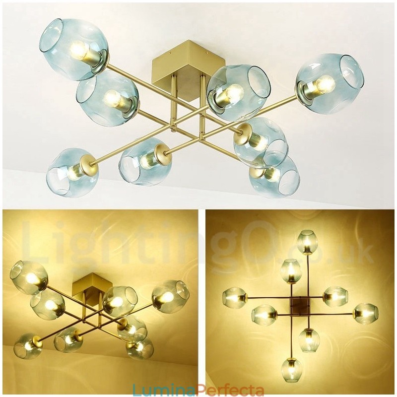 Candelabru din oțel inoxidabil Rustic Lodge cu 8 lumini, cu nuanțe de sticlă transparentă sau albastră