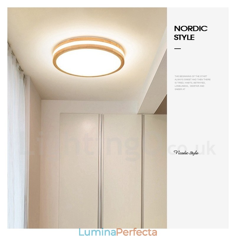 Plafoniera din lemn rotundă reglabilă cu lentilă Modern, contemporan, stil nordic, plafoniera din lemn cu abajur acrilic și telecomandă, poate fi folosită și ca lampă de perete