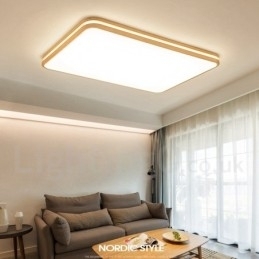 Plafoniera din lemn, dreptunghiulară, cu lentilă, modern, contemporan, stil nordic, cu montare încastrabilă, din lemn, cu abajur acrilic și telecomandă, poate fi folosită și ca lampă de perete