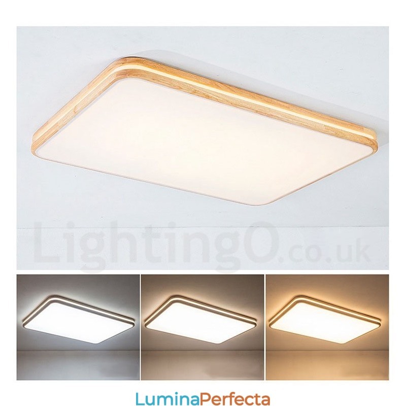 Plafoniera din lemn, dreptunghiulară, cu lentilă, modern, contemporan, stil nordic, cu montare încastrabilă, din lemn, cu abajur acrilic și telecomandă, poate fi folosită și ca lampă de perete