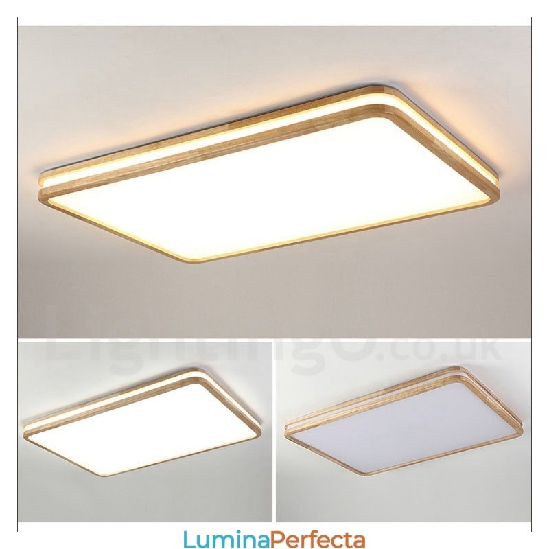 Plafoniera din lemn, dreptunghiulară, cu lentilă, modern, contemporan, stil nordic, cu montare încastrabilă, din lemn, cu abajur acrilic și telecomandă, poate fi folosită și ca lampă de perete